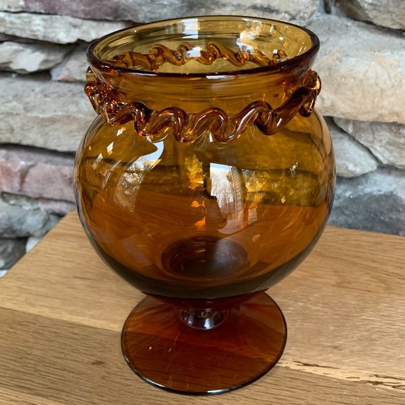 VTG Compote Hand Blown Rigaree Trim Lidded Rooster Amber Pedestal Art Glass - Picture 4 of 12